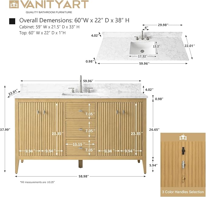 Vanity Art 60 inch Oak Bathroom Vanity with Single Sink & Ceramic Top, Vanity Cabinet with Soft-Closing Door, Solid Wood Frame, Linear Pattern, Natural Oak, VA9160-SNO-MB,Matte Black Handles
