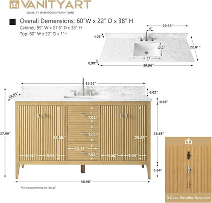 Vanity Art 60 inch Oak Bathroom Vanity with Single Sink & Ceramic Top, Vanity Cabinet with Soft-Closing Door, Solid Wood Frame, Linear Pattern, Natural Oak, VA9160-SNO-MB,Matte Black Handles