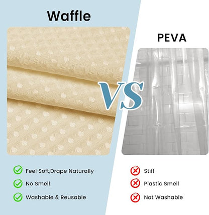 SORTTO No Hook Shower Curtain with Snap in Liner Set Waffle Shower Curtain for Bathroom Hotel Style Fabric Waterproof Inner Liner，71" W x 74" H, Cream