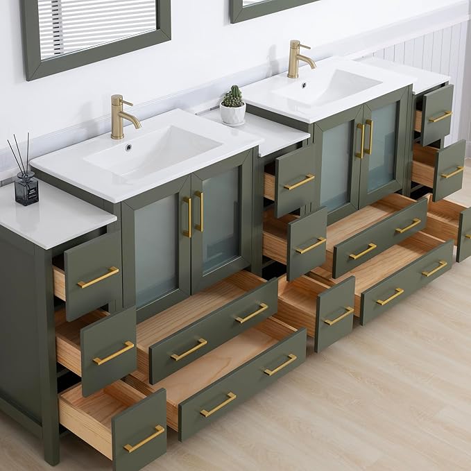 Vanity Art 96 Inch Under Mount Double Sink Bathroom Vanity Cabinet with 2 Mirrors, Ceramic Top Bathroom Cabinet Compact Set with 13 Dovetail Storage Drawers and Golden Brushed Handles, VA3030-96-VG