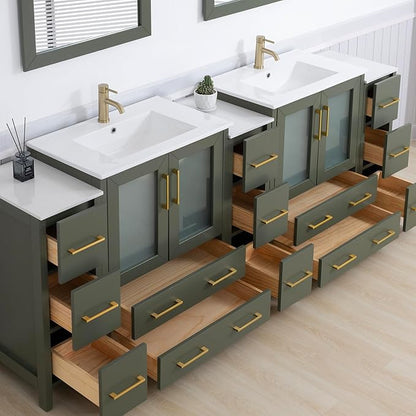 Vanity Art 96 Inch Under Mount Double Sink Bathroom Vanity Cabinet with 2 Mirrors, Ceramic Top Bathroom Cabinet Compact Set with 13 Dovetail Storage Drawers and Golden Brushed Handles, VA3030-96-VG