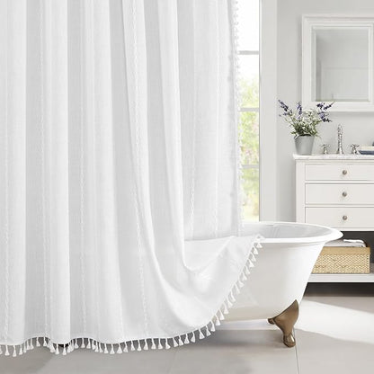 Boho Farmhouse Tassel Linen Shower Curtain,3D Embroidery Stripe White,72x72 | 310GSM Striped Texture Heavy Duty Cloth,Water Repellent,Wrinkle Resistant,Vintage Rustic Country design,12 Plastic Hooks