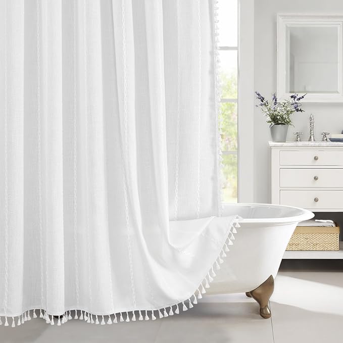 Boho Farmhouse Tassel Linen Shower Curtain,3D Embroidery Stripe White,72x96 | Extra Long Xl,310GSM Striped Texture Heavy Duty Cloth,Water Repellent,Wrinkle Resistant,Vintage Rustic Country design