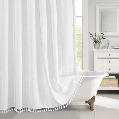 Boho Farmhouse Tassel Linen Shower Curtain,3D Embroidery Stripe White,72x96 | Extra Long Xl,310GSM Striped Texture Heavy Duty Cloth,Water Repellent,Wrinkle Resistant,Vintage Rustic Country design