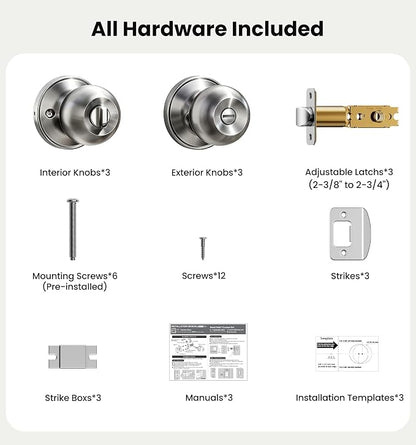 Veise 3 Pack Privacy Interior Door Knobs for Bed & Bathroom,Brushed Nickel | ANSI Grade 3, Keyless, Easy Installation, Thumb Lock Emergency Release, Rust & Fingerprint-proof, Reversible,Classic