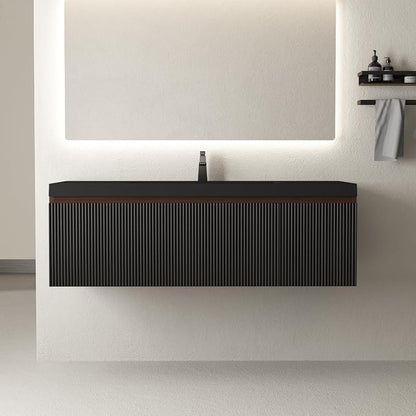 48 Inch Floating Bathroom Vanity with Sink, Wall Mounted Striped Storage Cabinet, Soft Close Drawer, Black Quartz Sand Basin, Fully Assembled, Smoked Walnut Finish