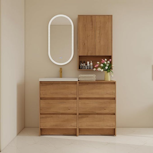 48" Bathroom Vanity Set, 48 Inch Modern Freestanding Vanity with Wall-Mounted Side Cabinet and 6 Drawers, Soft Closing Doors, Single Resin Sink Floor Stand Cabinet Set Imitative Oak