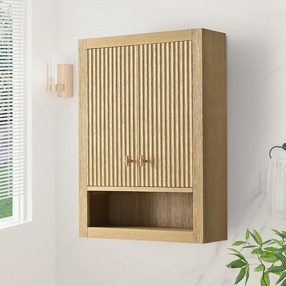 HOMEBEYOND 24 Inches Bathroom Vanity Wall Mount Storage Cabinet & Shelves, Free-Standing Vanity with Soft-Closing Doors, Golden Brushed Handware, Natural Oak