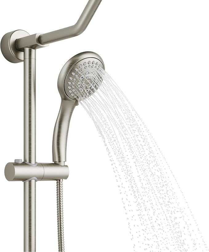 PULSE ShowerSpas Kauai III Brushed Nickel Rain Shower Head with Handheld Spray - 1.8 GPM, 8" Showerhead, 5-Function HandShower, Adjustable Slide Bar - Shower Heads with Handheld Spray Combo