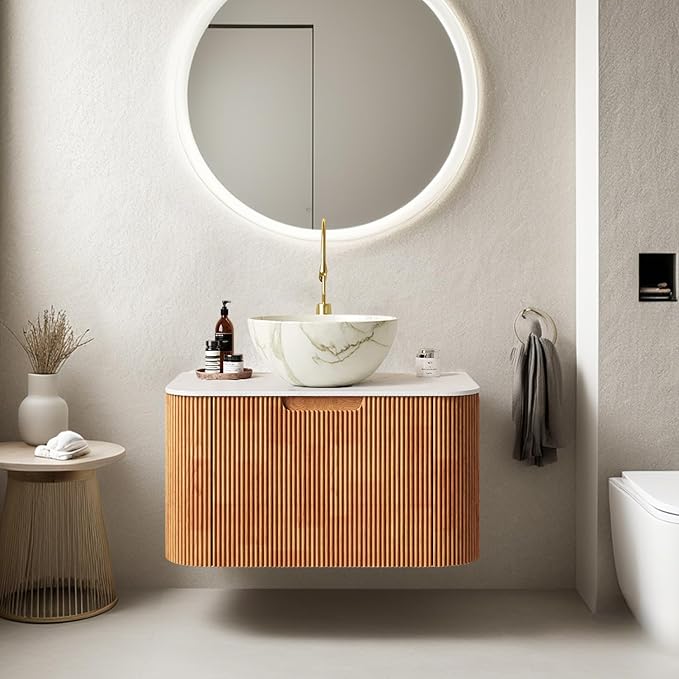 24" Floating Bathroom Vanity with Sink, Modern Bathroom Storage Cabinet with Stone Pattern Ceramic Vessel Bowl Basin and Ultra-Thin Marble Top, Large Storage Drawer, Soft-Close, Nature Wood