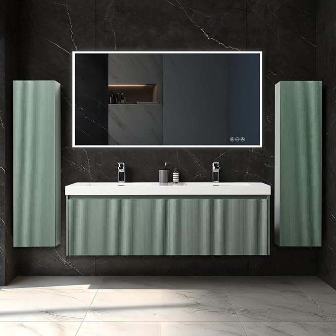 Blossom 60 Inch Double Sink Bathroom Vanity with Side Cabinets, All Wood Wall Mounted Floating Bathroom Vanity Cabinet with Acrylic Sinks, Soft-Close Drawers, Bathroom Vanities, Aventurine Green
