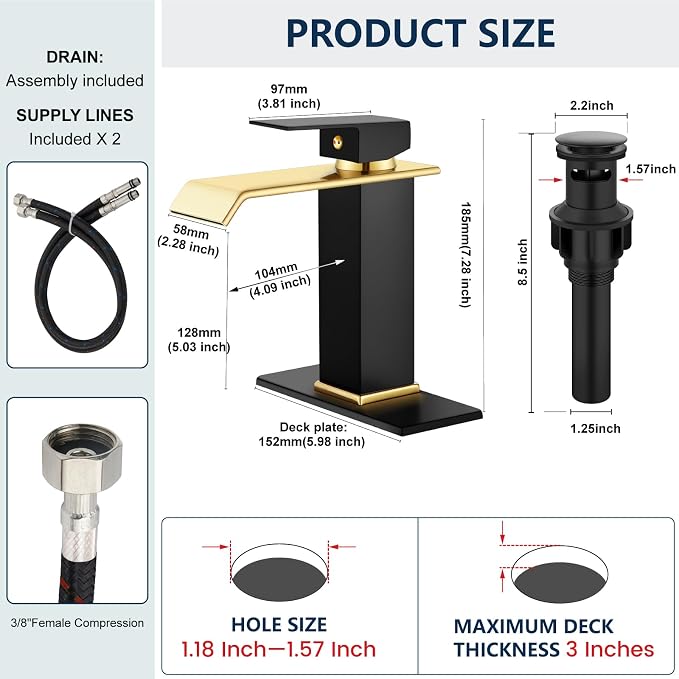 Midanya Waterfall Bathroom Sink Faucet 1 Hole,Matte Black and Shiny Gold | with cUPC Hoses,Pop Up Drain,Deck Plate,for 1 or 3 hole sink,Vanity,RV,Lavatory,Basin,Farmhouse,Stainless Steel,Single Handle