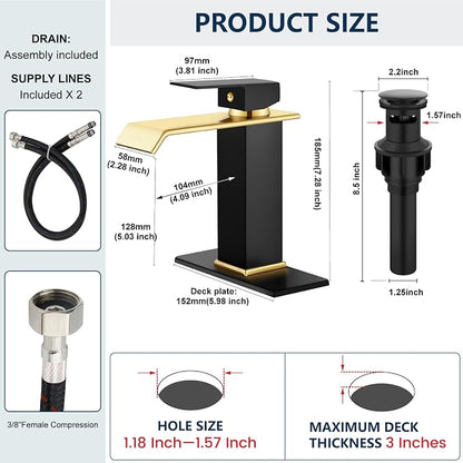 Midanya Waterfall Bathroom Sink Faucet 1 Hole,Matte Black and Shiny Gold | with cUPC Hoses,Pop Up Drain,Deck Plate,for 1 or 3 hole sink,Vanity,RV,Lavatory,Basin,Farmhouse,Stainless Steel,Single Handle