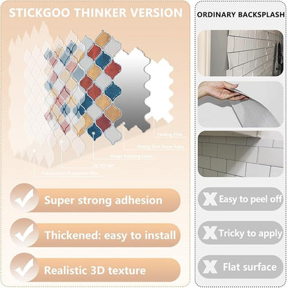 STICKGOO Arabesque Peel and Stick Backsplash, 12”X12” Backsplash Tile for Kitchen Peel and Stick, Self Adhesive Wall Tile Stick on Tiles (Moroccan Multi-Color)