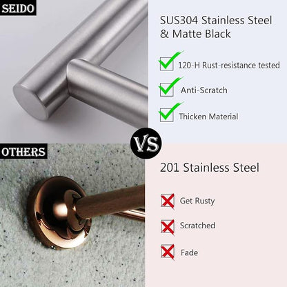 SEIDO Anti-Dropping Towel Bar with 9.6" Hanging Length, Stainless Steel Towel Bar for Bathroom Wall, Double Locking Design Hand Towel Holder, Brushed Nickel, 12 Inch, 2pc