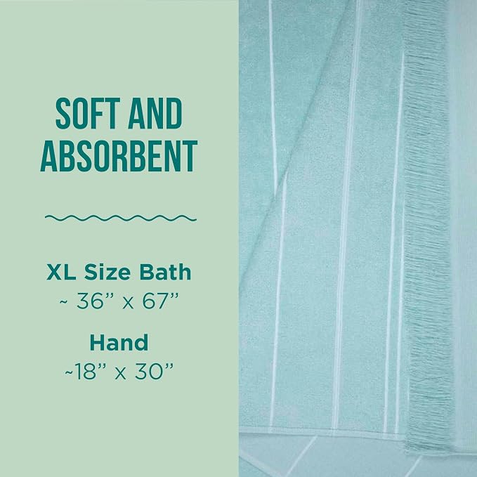 Sand Cloud Turkish Premium Bath Towels for Bathroom - Large, Set of 4 | 100% Certified Organic Turkish Cotton Yarn - Lightweight, Soft & Absorbent - Dry Faster & Cleaner - Classic Seaglass