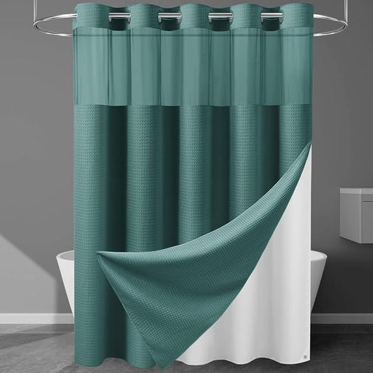 EUTXL Heavyweight Seaweed Green No Hook Shower Curtain with Snap in Liner,256GSM Waffle Weave Shower Curtains for Bathroom,71W x 74H