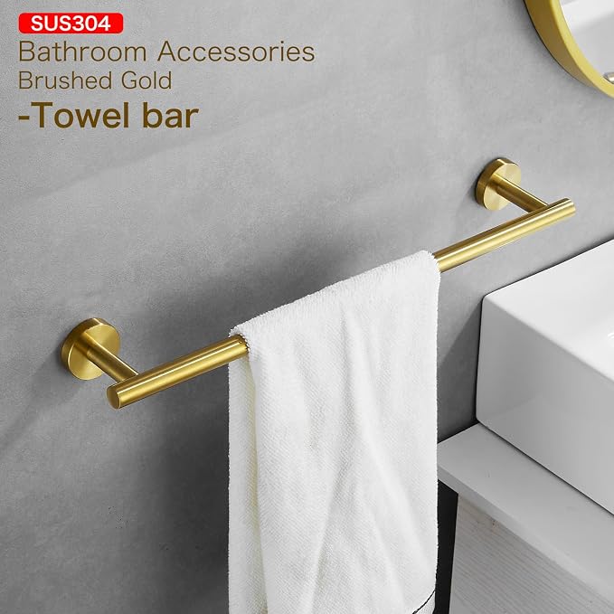 Bathroom Hardware Set, Brushed Gold, 24in, 4-Piece | Stainless Steel, Wall-Mounted, Towel Bar, Toilet Paper Holder, Towel Ring, Towel Hooks, Adjustable
