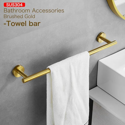 Bathroom Hardware Set, Brushed Gold, 24in, 4-Piece | Stainless Steel, Wall-Mounted, Towel Bar, Toilet Paper Holder, Towel Ring, Towel Hooks, Adjustable