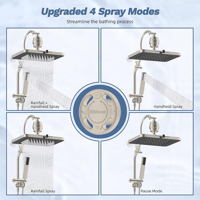 Hibbent 5-spray Filtered Shower Head, 4-Spray Shower Wand, Brushed Nickel | cUPC Certified High Pressure Rainfall Showerhead Combo, All Metal 4-way Diverter Extension Arm & Handheld Spray, 71'' Hose