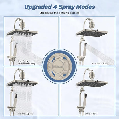 Hibbent 5-spray Filtered Shower Head, 4-Spray Shower Wand, Brushed Nickel | cUPC Certified High Pressure Rainfall Showerhead Combo, All Metal 4-way Diverter Extension Arm & Handheld Spray, 71'' Hose