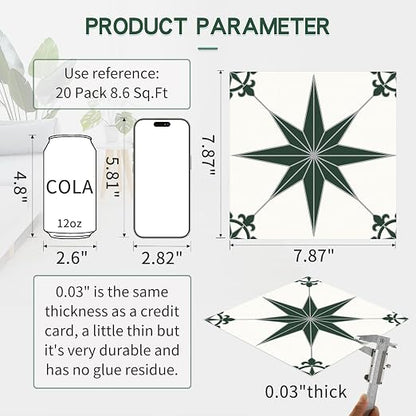 MORCART 20PCS 7.87" x 7.87" Peel and Stick Floor Tile, Green Stellar | Self-Adhesive DIY Vinyl Flooring, Removable and Waterproof Tile Sticker for Bathroom, Kitchen, Wall, Bedroom, Stairs