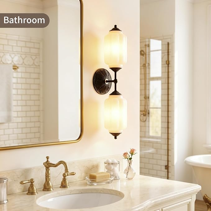 Vintage Milk Glass Bathroom Vanity Light, 2-Light Wall Sconce with Black Antique Base & E12 Bulbs Included, Adjustable 3-Color Temperature for Bedroom, Living Room, Kitchen