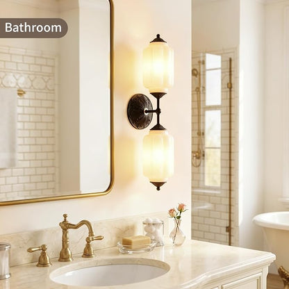 Vintage Milk Glass Bathroom Vanity Light, 2-Light Wall Sconce with Black Antique Base & E12 Bulbs Included, Adjustable 3-Color Temperature for Bedroom, Living Room, Kitchen