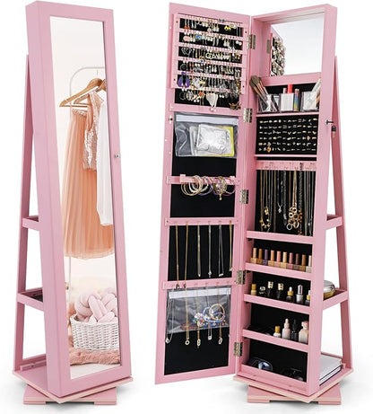 GOFLAME 360° Rotating Jewelry Armoire, Lockable Jewelry Cabinet with Full-Length Mirror & Inner Makeup Mirror, Standing Jewelry Storage Organizer with Rear Storage Shelves, Pink