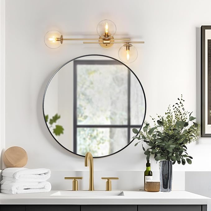 KSANA Gold Sconces Wall Lighting, Modern 3-Light Bathroom Vanity Light Fixtures with Globe Clear Glass Shade Over Mirror or Beside for Hallway, Bedroom, Living Room and Kitchen