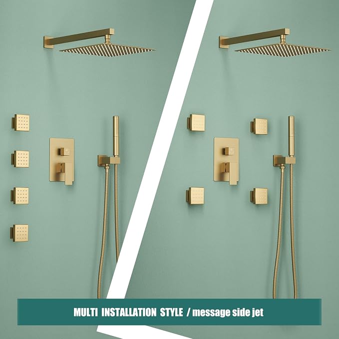 Hoimpro 12 Inch Rainfall Shower Faucet with 4 Full Body Shower Jet Fixtures Combo, Wall Mounted Shower System Set with Rain Mixer Shower Head and 2 in 1 Spray Handheld Showerhead, Brushed Gold