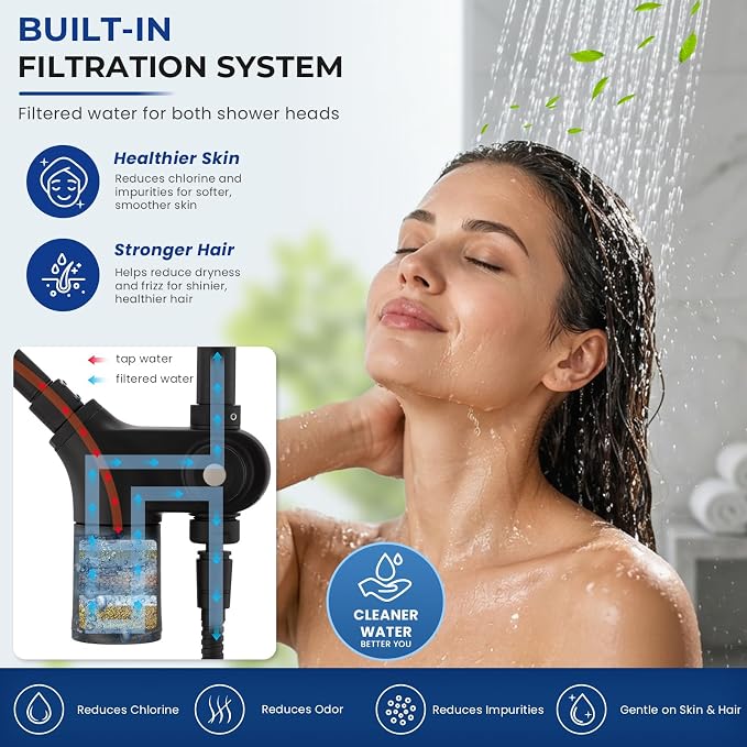 Upgraded Dual Shower Heads Combo, 10 inch Filtered Shower Head with Handheld, 3-Way Rain Shower Head with Filters, 7 Settings Handheld Spray, High Pressure, Height Adjustable (Black)