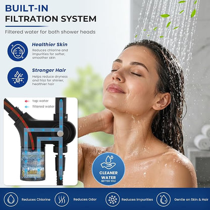 Upgraded Dual Shower Heads Combo, 10 inch Filtered Shower Head with Handheld, 3-Way Rain Shower Head with Filters, 7 Settings Handheld Spray, High Pressure, Height Adjustable (Black)