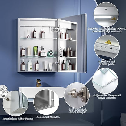 ExBrite Lighted Medicine Cabinet with Mirror, 20 x 26 Inch, Recessed or Surface led Medicine Cabinet, Defog, Stepless Dimming,Color Temperature Change,2 Outlets,Built-in 6000K Sensor Light,Right Hinge