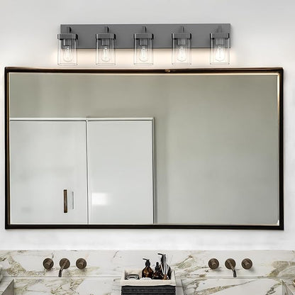 Bathroom Vanity Light, Square Design 5 Lights Morden Bathroom Lighting Fixtures Over Mirror, Black Vanity Light for Living Room/Bedroom