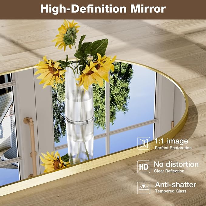 22"x30" Brushed Gold Arched Vanity Bathroom Mirror, Set of 2 | Aluminum Alloy Frame, Clear Reflection, Rust-Resistant, Vertical or Horizontal, Wall Mount, Bedroom and Entryway