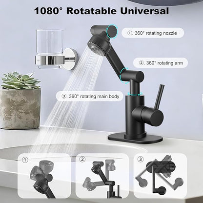 1080° Rotatable Bathroom Faucet, Black,SUS304, Dual Spray Modes | Stainless Steel Vanity Sink Faucet, Height Adjustable, Single & 3-Hole Mount, Universal 1080° Swivel, Grifo de baño giratorio