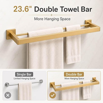 Luxury 5-Piece Bathroom Hardware Set, 23.6" Double Towel Bar & Wall Mounted Bathroom Accessories Set, SUS304 Stainless Steel Solid Metal Construction, Modern Square Design, Brushed Gold