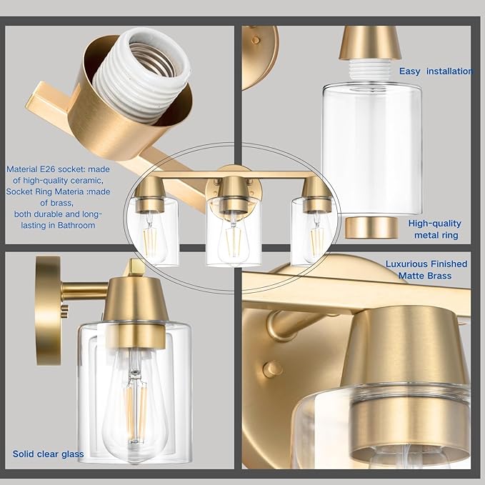 Modern Wall Sconces Lighting with Brass Finished Clear Glass Shade, Matte Gold 3 Vanity Light Over Mirror, Industrial Bathroom Light Fixtures for Living Room Hallway Kitchen Porch E26 Base