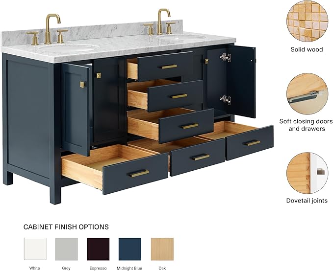 ARIEL Cambridge 66-inch Bathroom Vanity with Sink,Solid Wood, 1.5-inch Italian Carrara Marble Countertop, Double Oval Porcelain Sink, 4 Soft Closing Doors, 6 Dovetail Drawers, Midnight Blue