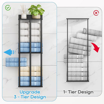 Towel Racks for Bathroom Wall Mounted with Wooden Storage Shelf | Updated 3 Bar Metal Towel Holder for Rolled Towels, Sturdy and Large Capacity, Towel Storage Organizer