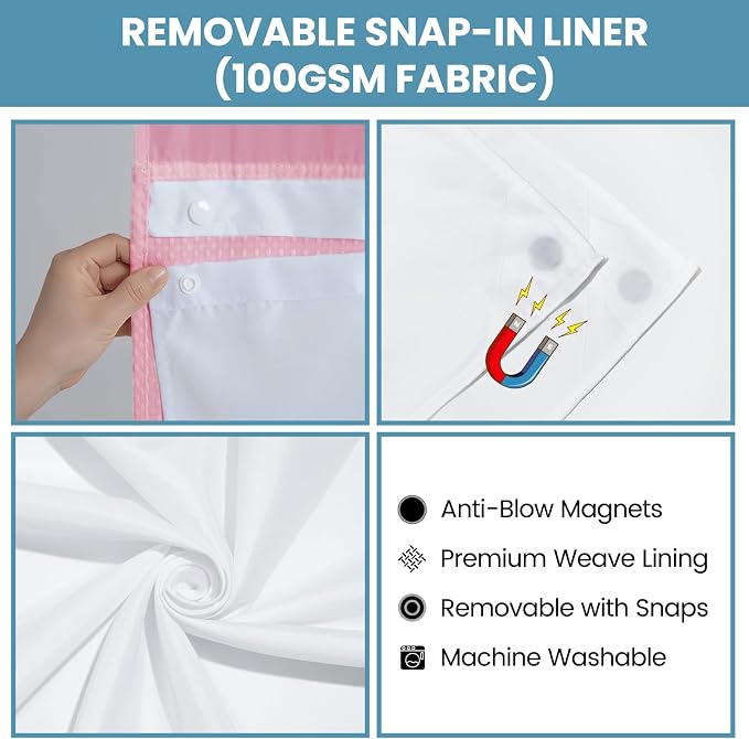 SORTTO No Hook Shower Curtain with Snap in Liner Set Waffle Shower Curtain for Bathroom Hotel Style Fabric Waterproof Inner Liner，71" W x 74" H, Pink