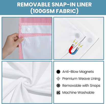SORTTO No Hook Shower Curtain with Snap in Liner Set Waffle Shower Curtain for Bathroom Hotel Style Fabric Waterproof Inner Liner，71" W x 74" H, Pink