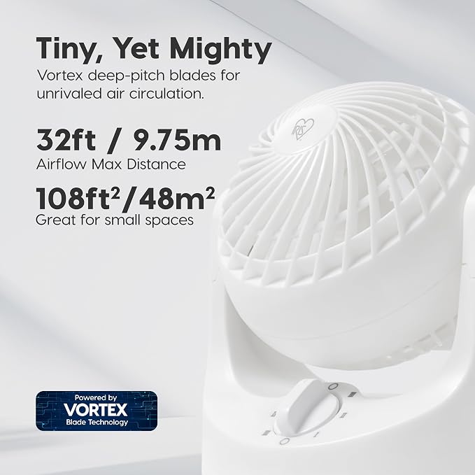 IRIS USA WOOZOO Mini Desk Fan, Dorm Bedside Office, Quiet, 112° Tilt, White | 32ft Max Air Distance, 108ft² Coverage, 112° Adjustable Vertical Tilt, 27db