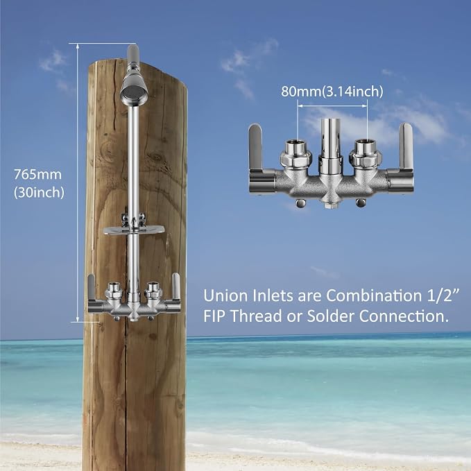 Aolemi Outdoor Shower Kit, Upward-Facing Inlets, Polish Chrome | 3-Inch Center Hot And Cold Mixer Valve, Dual Handles, with Soap Dish For Convenient Outdoor Shower Use