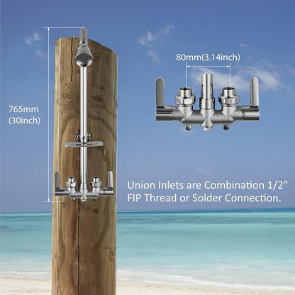 Aolemi Outdoor Shower Kit, Upward-Facing Inlets, Polish Chrome | 3-Inch Center Hot And Cold Mixer Valve, Dual Handles, with Soap Dish For Convenient Outdoor Shower Use