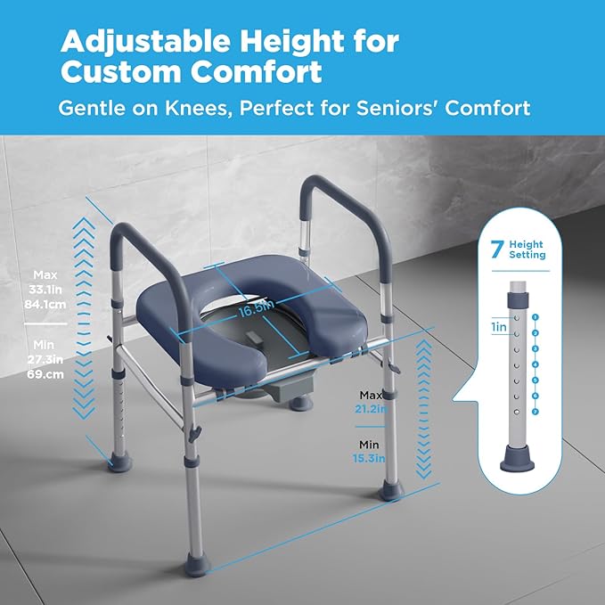 Bedside Commode for Seniors,FSA/HSA Eligible 3-in-1 Commode Toilet | Adjustable Height & Width, 16.5 Inch Soft Seat Plate, Tool-Free Assembly, Durable Aluminum Frame, Use as Raised Toilet