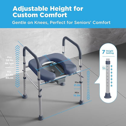 Bedside Commode for Seniors,FSA/HSA Eligible 3-in-1 Commode Toilet | Adjustable Height & Width, 16.5 Inch Soft Seat Plate, Tool-Free Assembly, Durable Aluminum Frame, Use as Raised Toilet