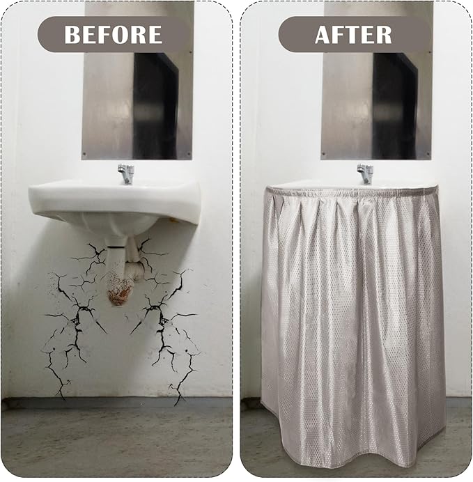Fabric Sink Skirt Diamond Bathroom Stitch Self Stick Adhesive Waterproof Fabric Under Sink Curtain Skirt 55 x 32 Inch Adds Bathroom Storage(Silver Gray,Classic Style)