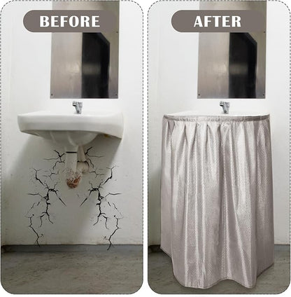 Fabric Sink Skirt Diamond Bathroom Stitch Self Stick Adhesive Waterproof Fabric Under Sink Curtain Skirt 55 x 32 Inch Adds Bathroom Storage(Silver Gray,Classic Style)